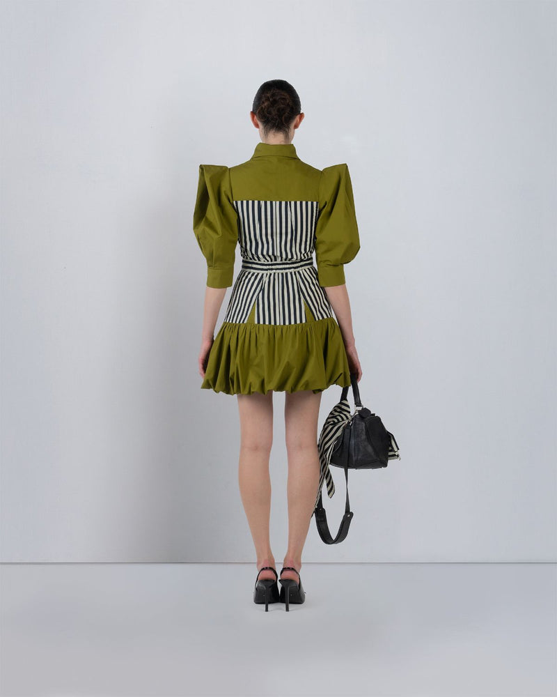 MER DRESS - Olive + Black/White Stripes dress by Leh Studios in olive for women Worldwide