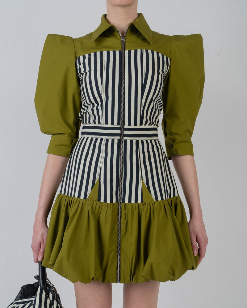 MER DRESS - Olive + Black/White Stripes dress by Leh Studios in olive for women Worldwide