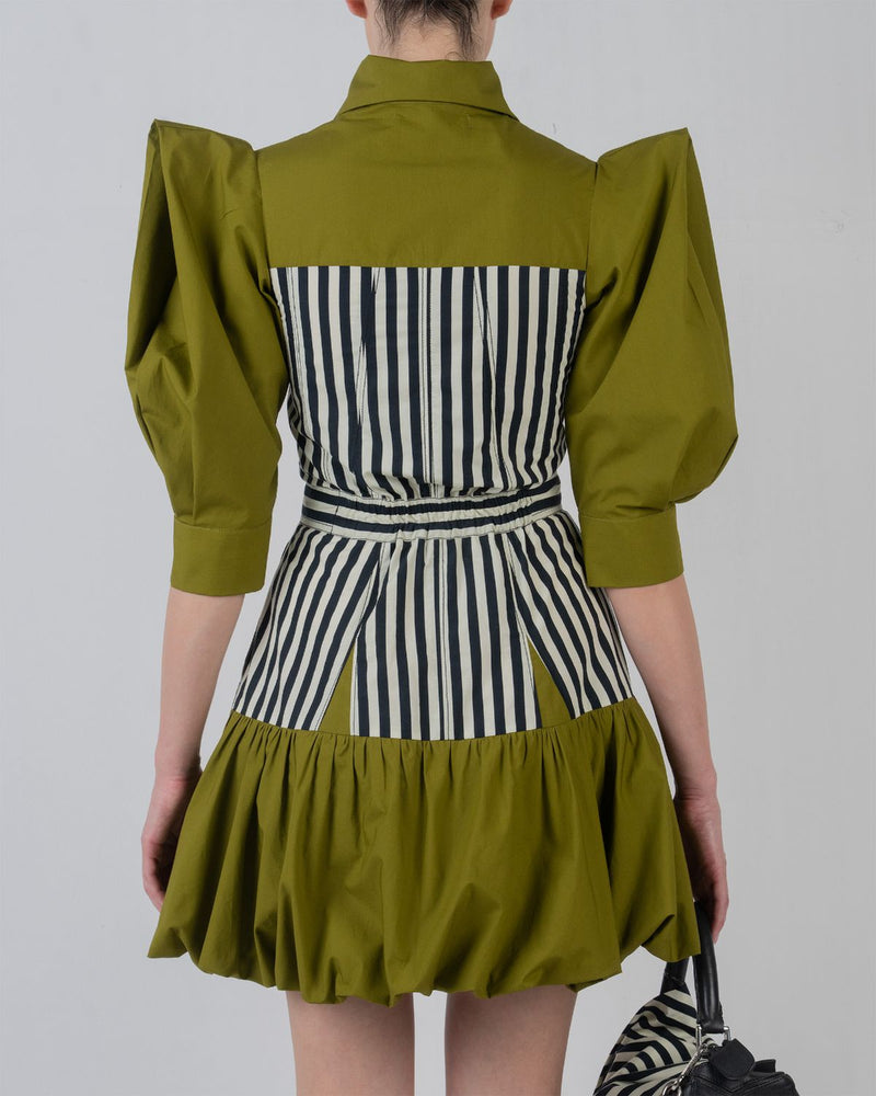 MER DRESS - Olive + Black/White Stripes dress by Leh Studios in olive for women Worldwide