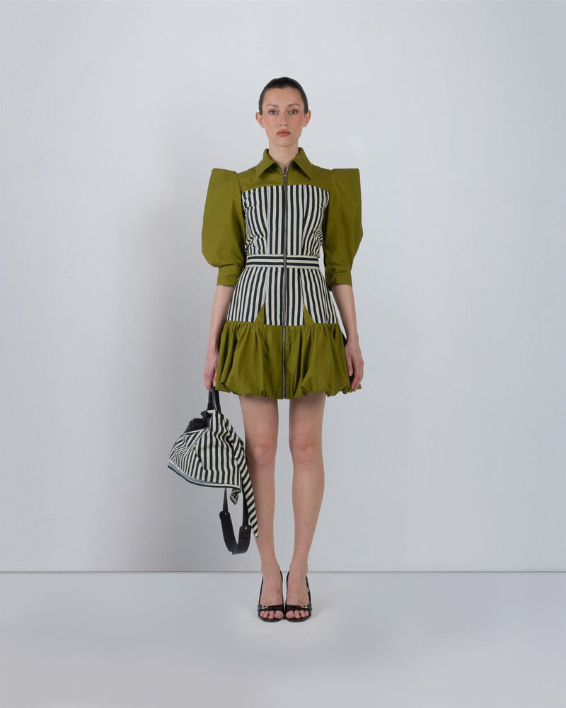 MER DRESS - Olive + Black/White Stripes dress by Leh Studios in olive for women Worldwide