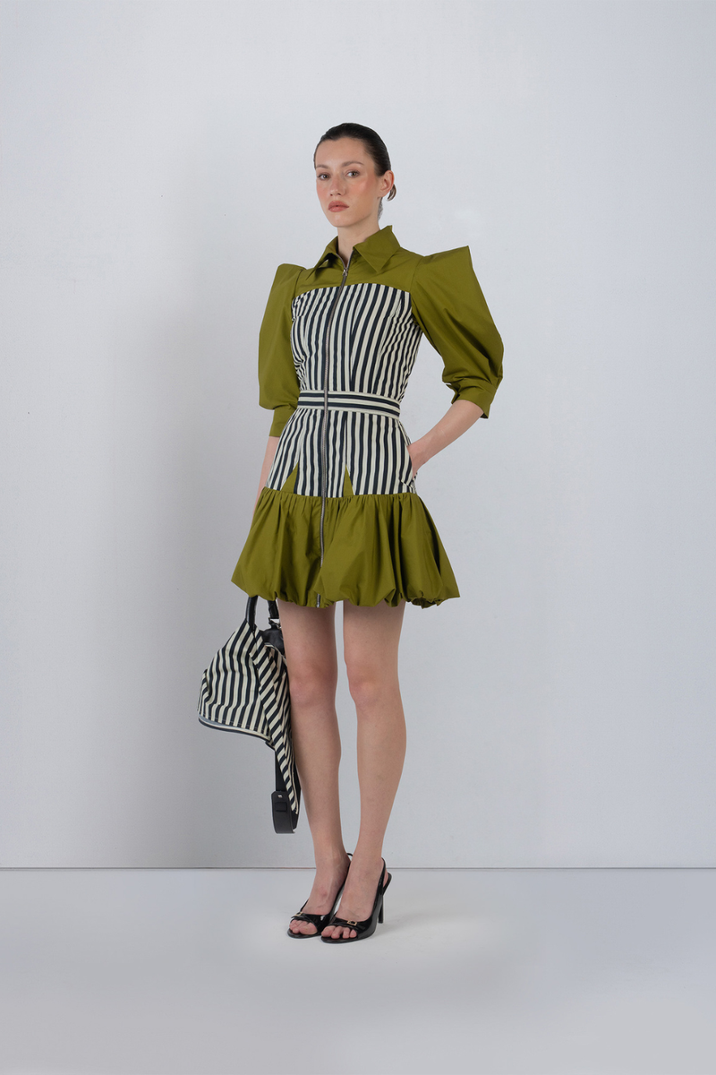 MER DRESS - Olive + Black/White Stripes dress by Leh Studios in olive for women Worldwide