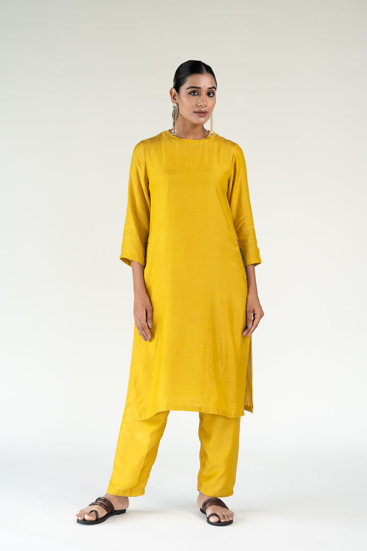 Gulzar Kurta Set-Mustard silk by Nirjara in mustard color for women Worldwide