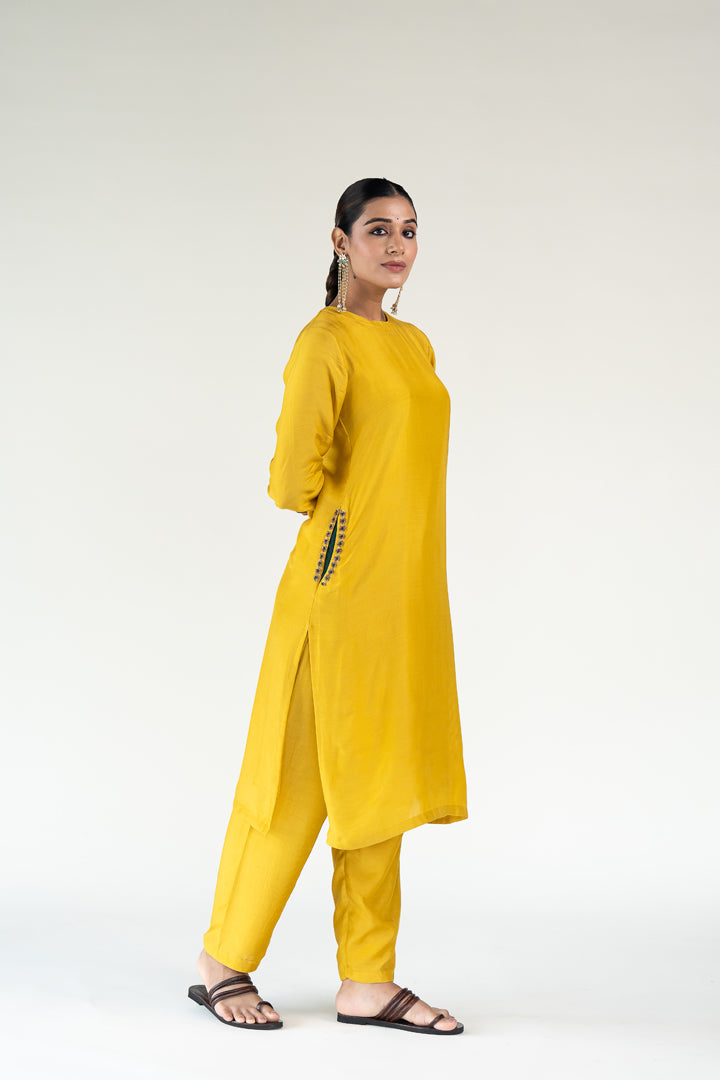 Gulzar Kurta Set-Mustard silk by Nirjara in mustard color for women Worldwide
