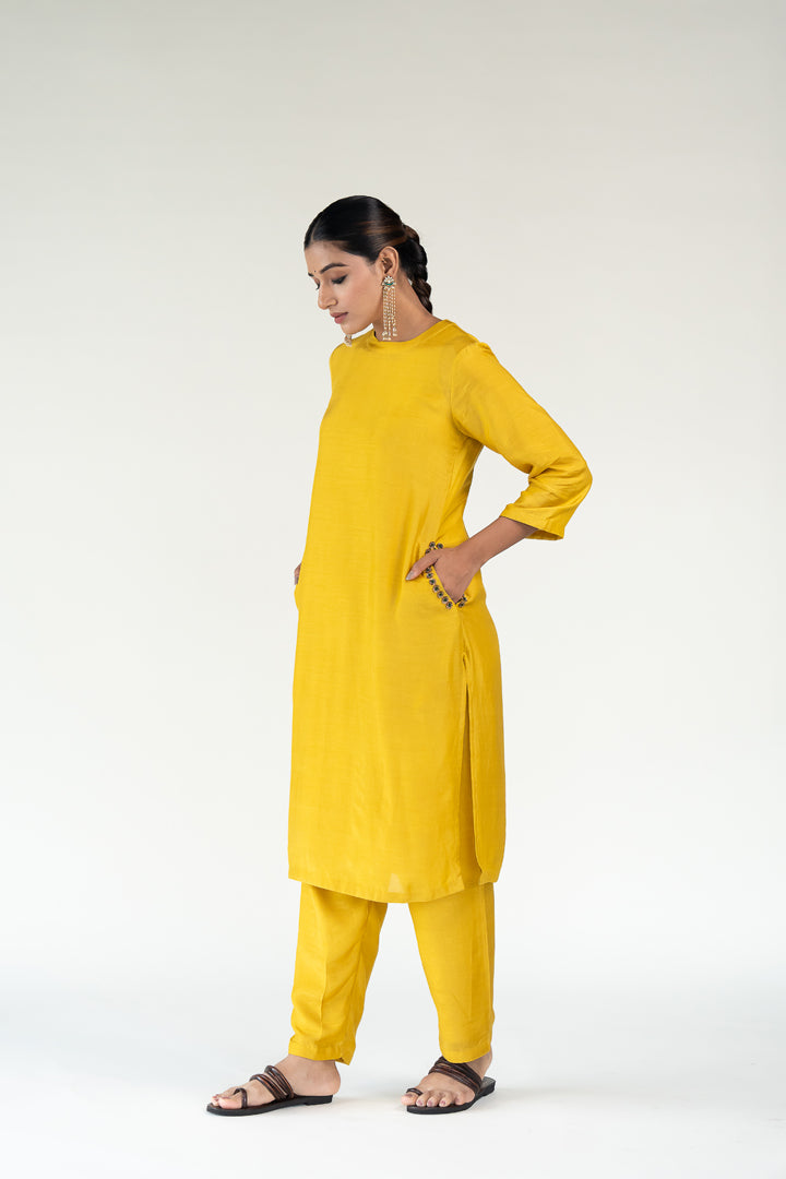 Gulzar Kurta Set-Mustard silk by Nirjara in mustard color for women Worldwide