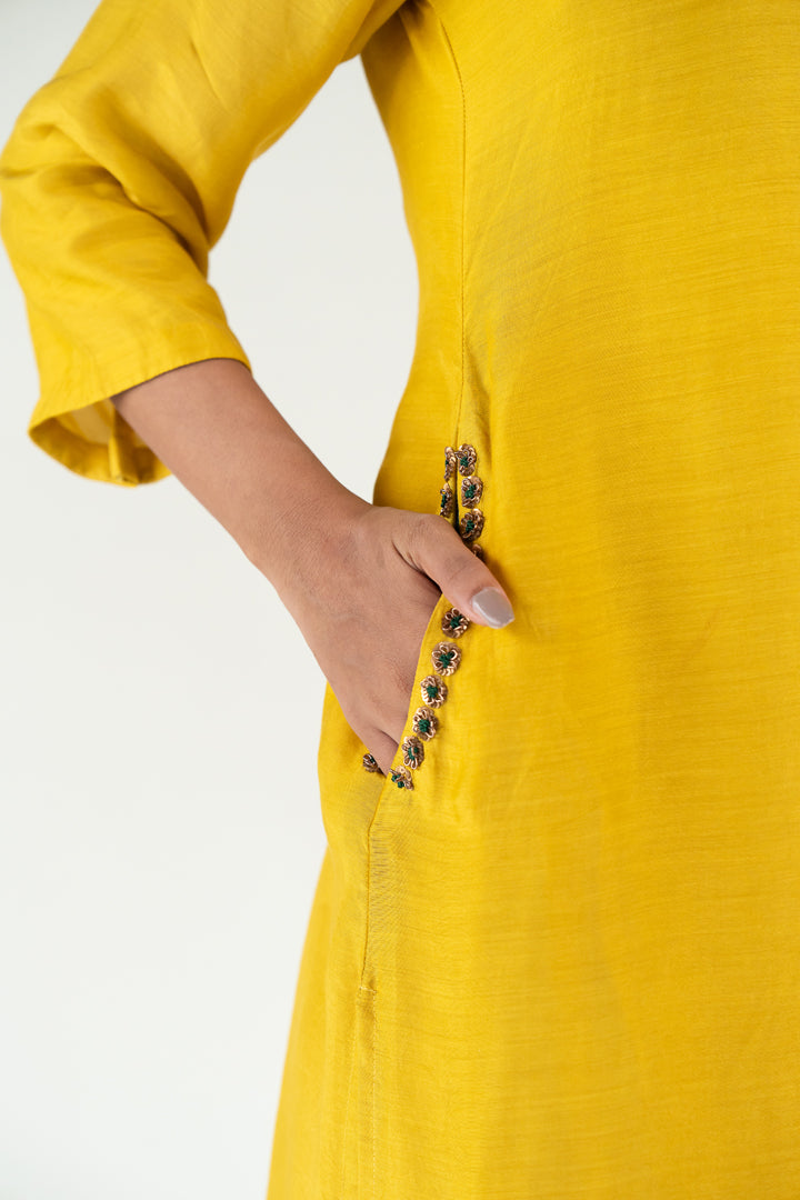 Gulzar Kurta Set-Mustard silk by Nirjara in mustard color for women Worldwide