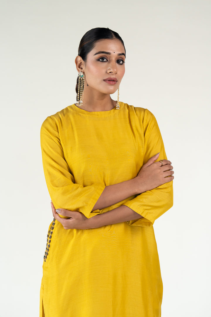 Gulzar Kurta Set-Mustard silk by Nirjara in mustard color for women Worldwide