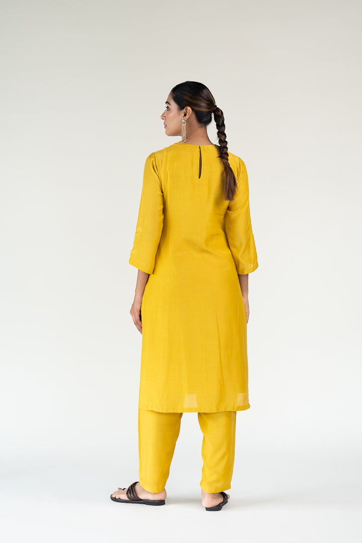 Gulzar Kurta Set-Mustard silk by Nirjara in mustard color for women Worldwide