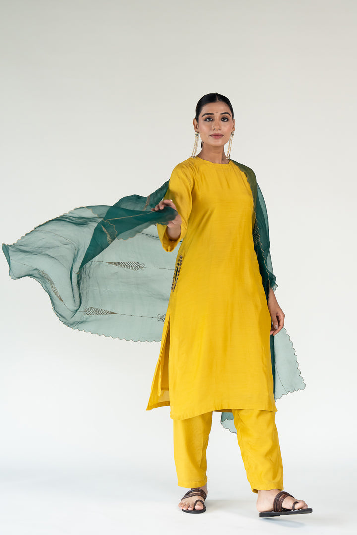 Gulzar Kurta Set with 
Shama Odhani-Mustard & Emerald silk by Nirjara in multi color for women Worldwide