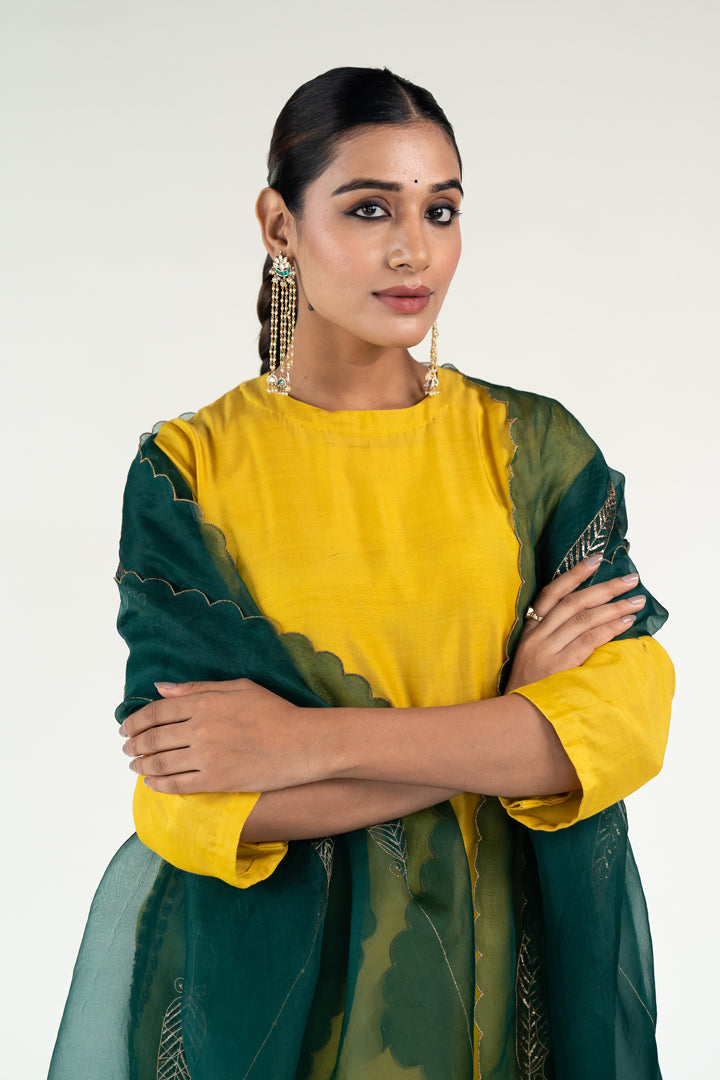 Gulzar Kurta Set with 
Shama Odhani-Mustard & Emerald silk by Nirjara in multi color for women Worldwide