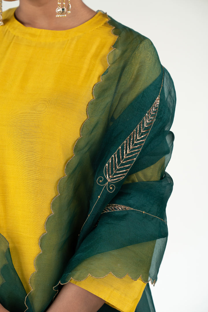 Gulzar Kurta Set with 
Shama Odhani-Mustard & Emerald silk by Nirjara in multi color for women Worldwide