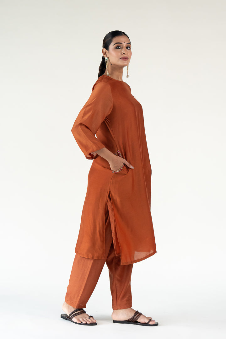 Gulzar Kurta Set-Rust silk by Nirjara in rust color for women Worldwide