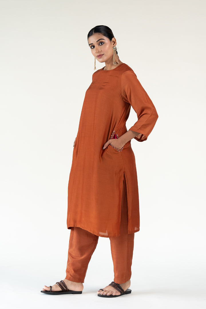 Gulzar Kurta Set-Rust silk by Nirjara in rust color for women Worldwide