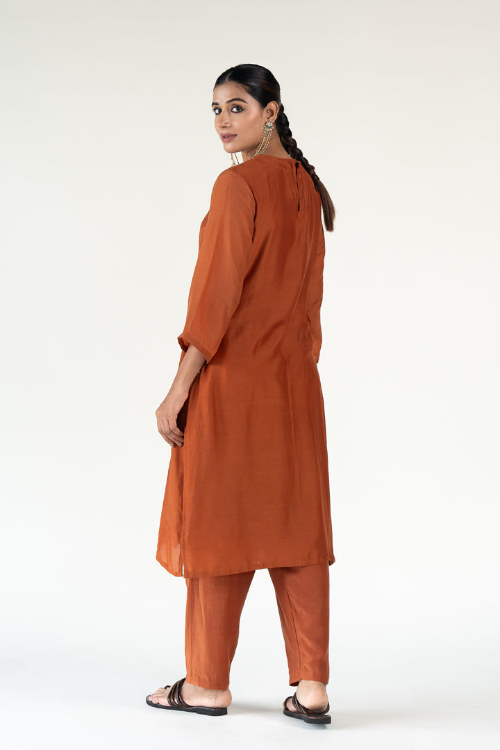 Gulzar Kurta Set-Rust silk by Nirjara in rust color for women Worldwide