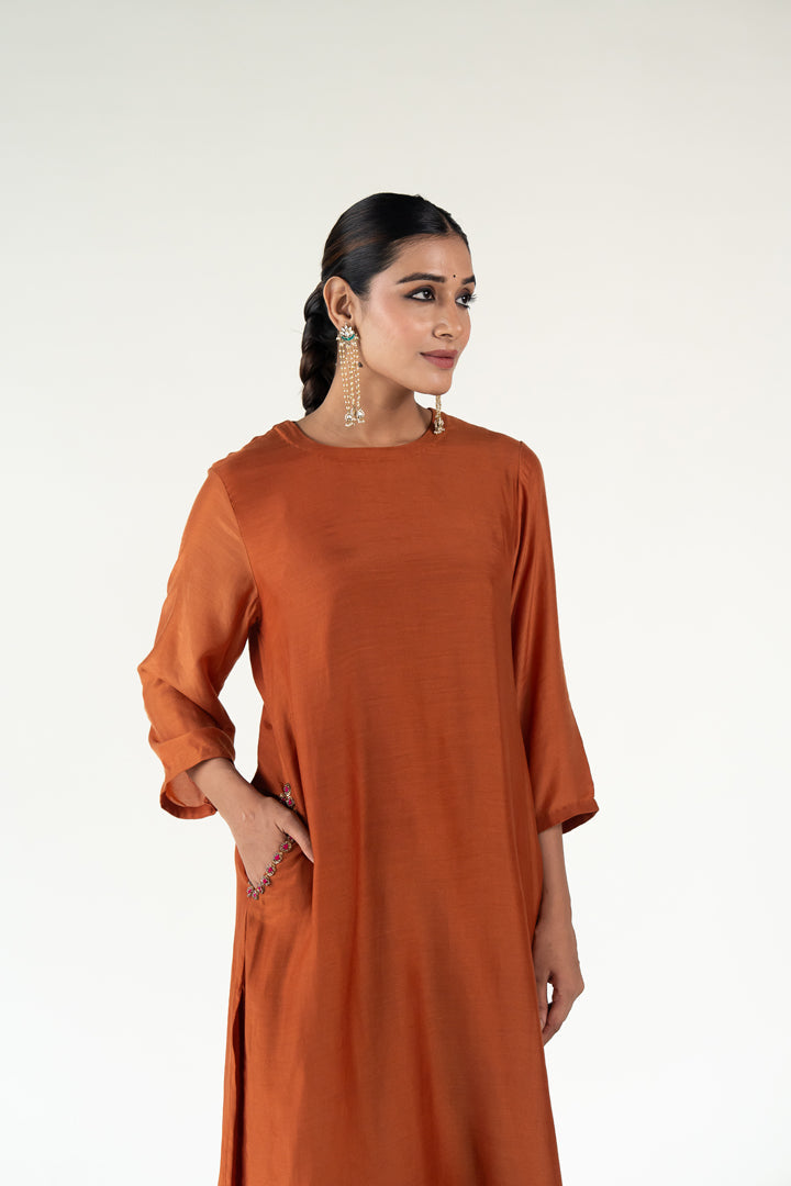 Gulzar Kurta Set-Rust silk by Nirjara in rust color for women Worldwide