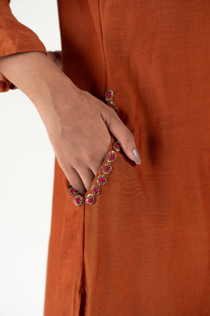 Gulzar Kurta Set with 
Ayra Odhani-Rust silk by Nirjara in rust color for women Worldwide