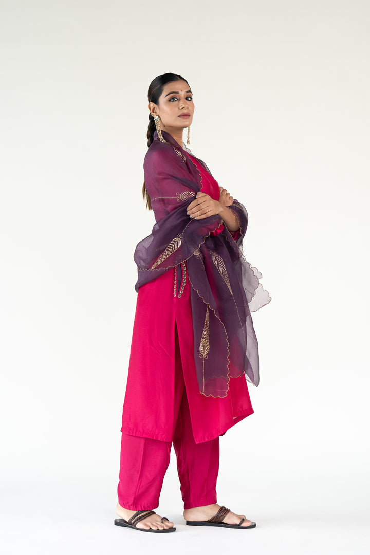 Gulzar Kurta Set with 
Shama Odhani-Rani Pink & Aubergine silk by Nirjara in multi color for women Worldwide