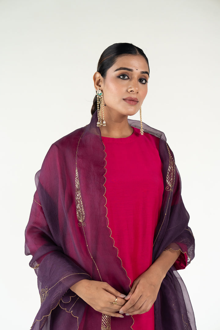 Gulzar Kurta Set with 
Shama Odhani-Rani Pink & Aubergine silk by Nirjara in multi color for women Worldwide