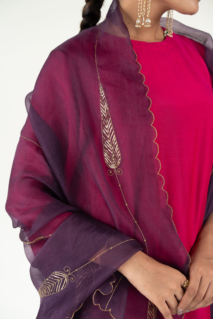 Gulzar Kurta Set with 
Shama Odhani-Rani Pink & Aubergine silk by Nirjara in multi color for women Worldwide