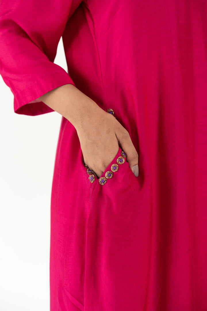 Gulzar Kurta Set-Rani Pink silk by Nirjara in pink color for women Worldwide