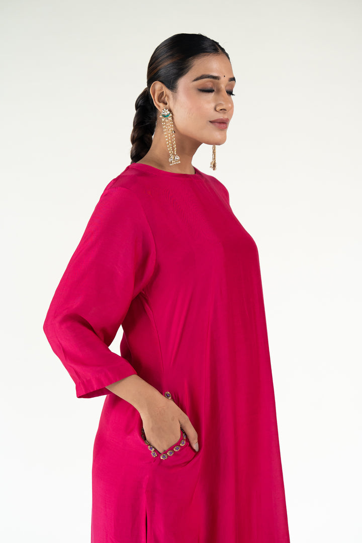 Gulzar Kurta Set-Rani Pink silk by Nirjara in pink color for women Worldwide