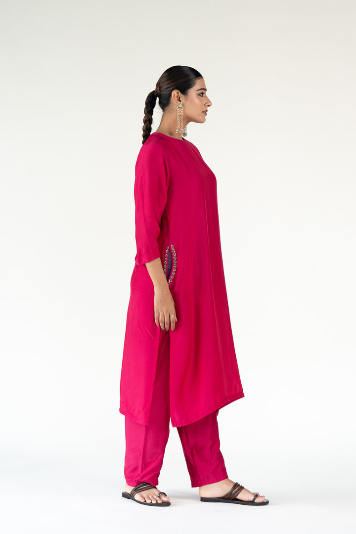 Gulzar Kurta Set-Rani Pink silk by Nirjara in pink color for women Worldwide