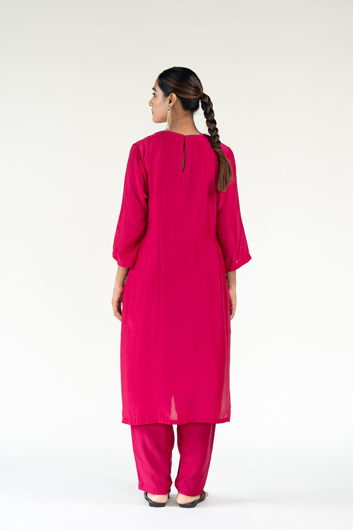 Gulzar Kurta Set-Rani Pink silk by Nirjara in pink color for women Worldwide