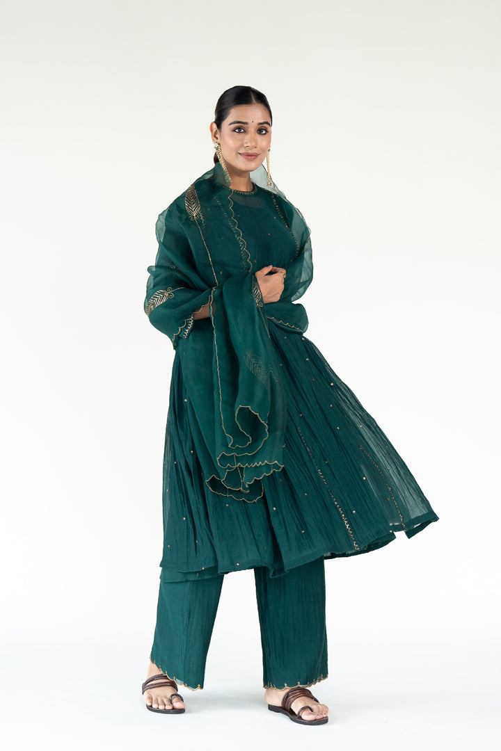 Baadal Kurta Set 
with Shama Odhani-Emerald chanderi by Nirjara for women Worldwide