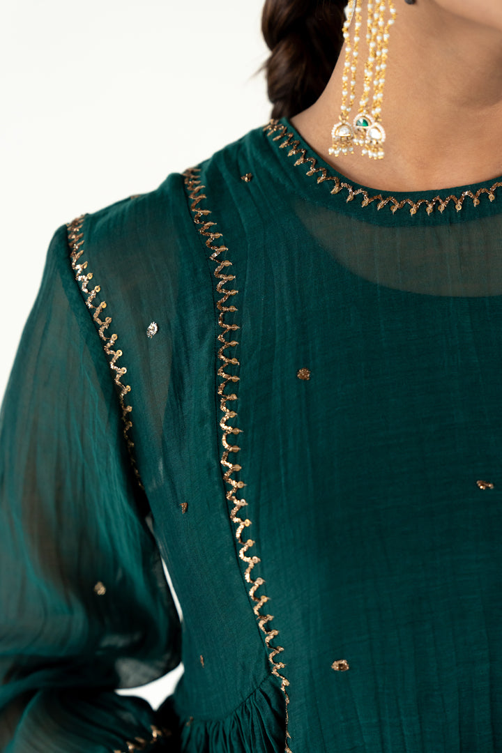 Baadal Kurta Set-Emerald chanderi by Nirjara for women Worldwide