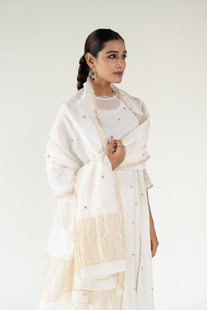 Baadal Kurta Set 
with Ayra Odhani-Ivory chanderi by Nirjara in ivory color for women Worldwide