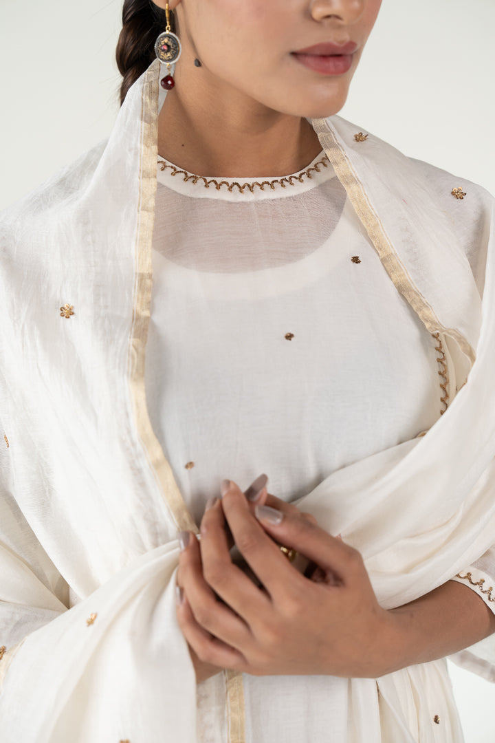 Baadal Kurta Set 
with Ayra Odhani-Ivory chanderi by Nirjara in ivory color for women Worldwide