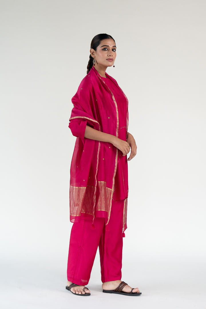 Mehr Kurta Set 
with Ayra Odhani-Rani Pink silk by Nirjara in pink color for women Worldwide