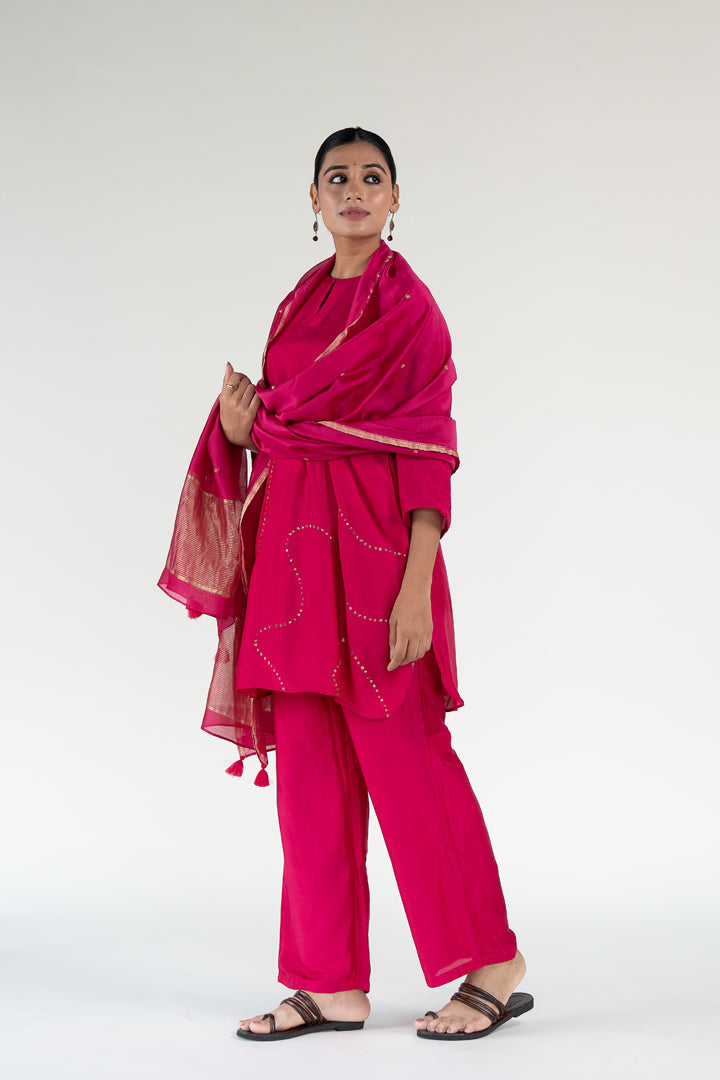 Mehr Kurta Set 
with Ayra Odhani-Rani Pink silk by Nirjara in pink color for women Worldwide