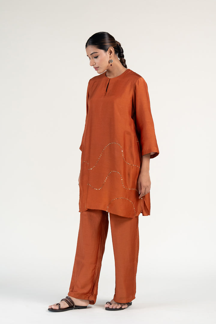 Mehr Kurta Set-Rust silk by Nirjara in rust color for women Worldwide