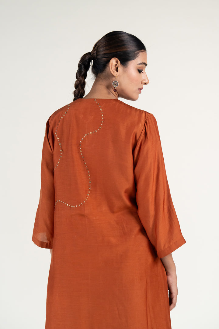 Mehr Kurta Set-Rust silk by Nirjara in rust color for women Worldwide
