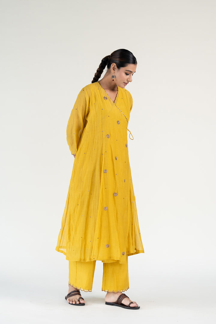 Yellow Angarkha Set-Mustard chanderi by Nirjara in mustard color for women Worldwide