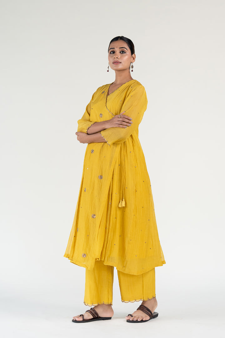 Yellow Angarkha Set-Mustard chanderi by Nirjara in mustard color for women Worldwide