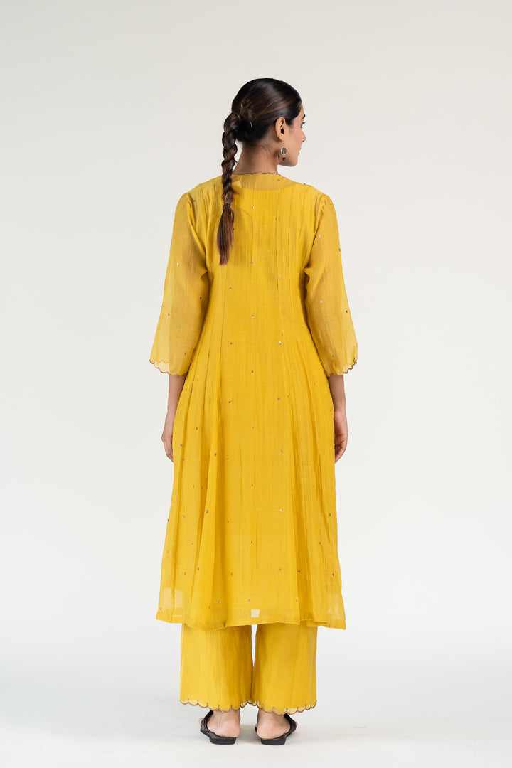 Yellow Angarkha Set-Mustard chanderi by Nirjara in mustard color for women Worldwide