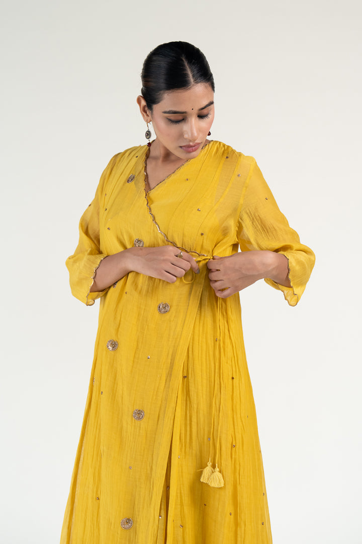 Yellow Angarkha Set-Mustard chanderi by Nirjara in mustard color for women Worldwide