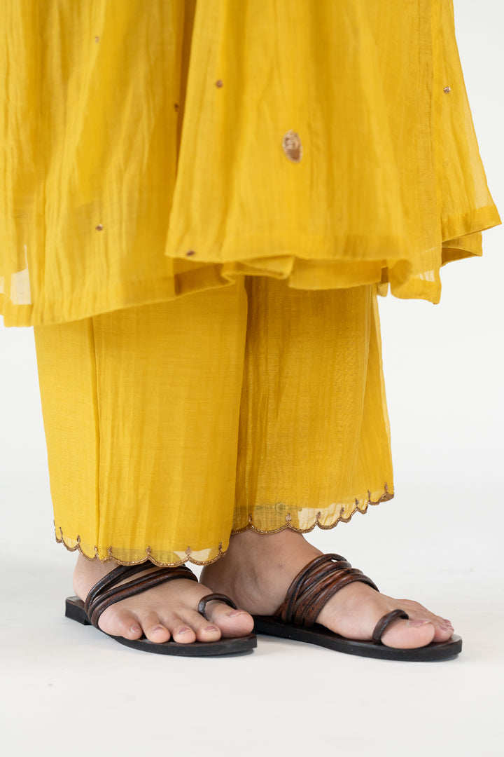 Yellow Angarkha Set-Mustard chanderi by Nirjara in mustard color for women Worldwide