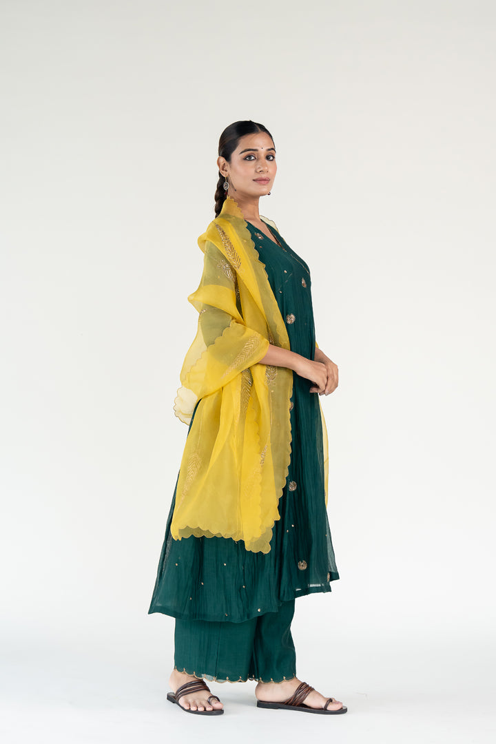 Green Angarkha Set
with Shama Odhani-Emerald & Yellow chanderi by Nirjara for women Worldwide