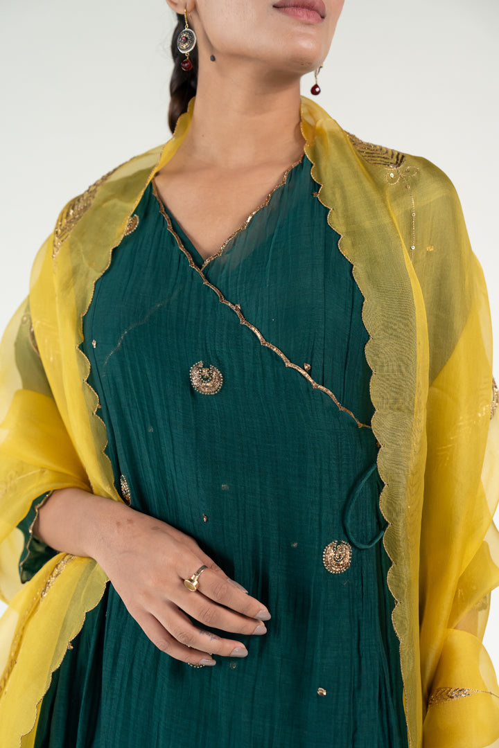 Green Angarkha Set
with Shama Odhani-Emerald & Yellow chanderi by Nirjara for women Worldwide
