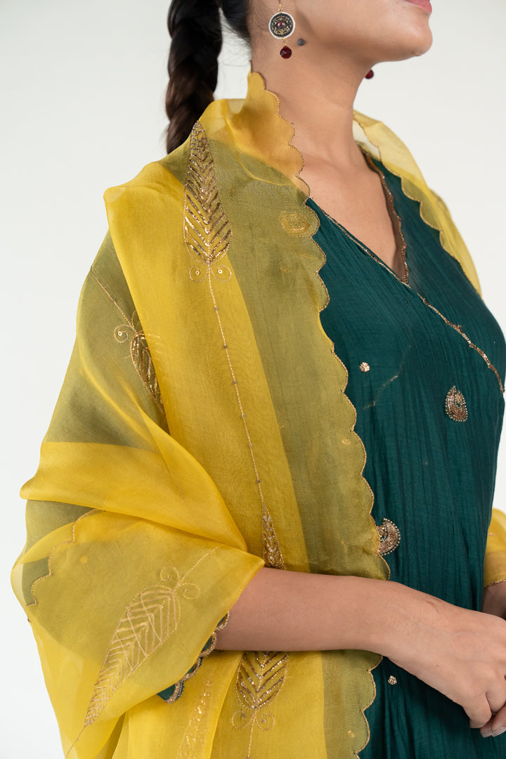 Green Angarkha Set
with Shama Odhani-Emerald & Yellow chanderi by Nirjara for women Worldwide