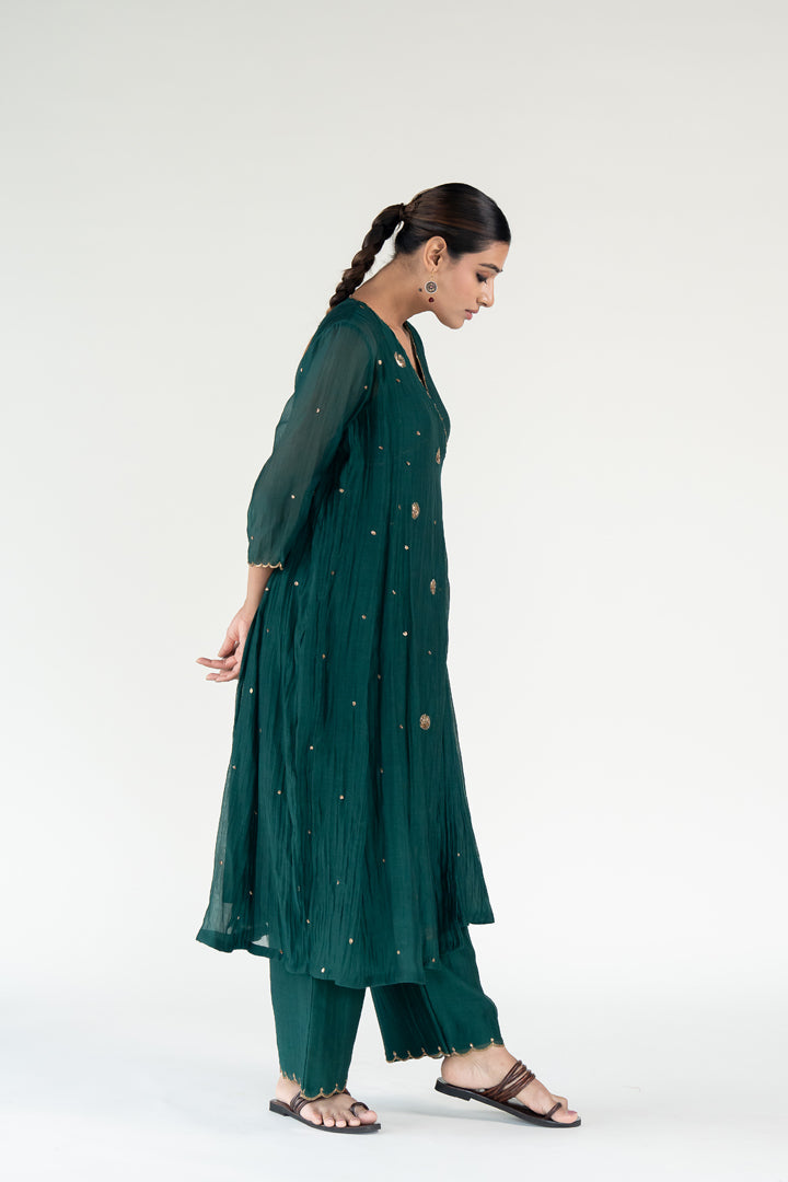 Green Angarkha Set-Emerald chanderi by Nirjara for women Worldwide