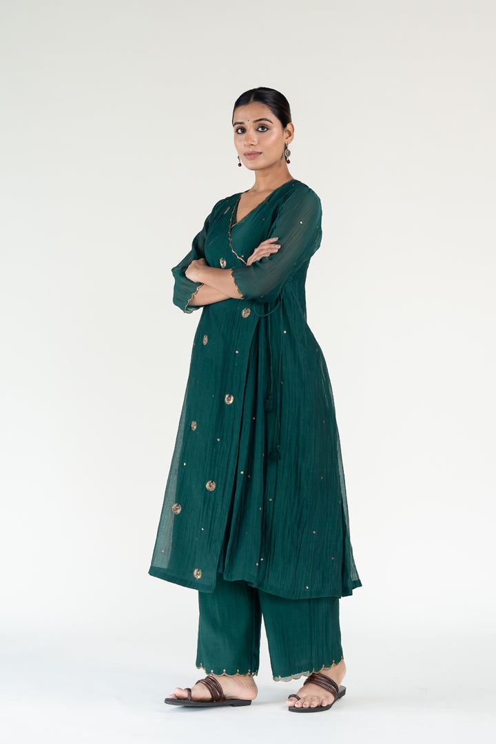 Green Angarkha Set-Emerald chanderi by Nirjara for women Worldwide
