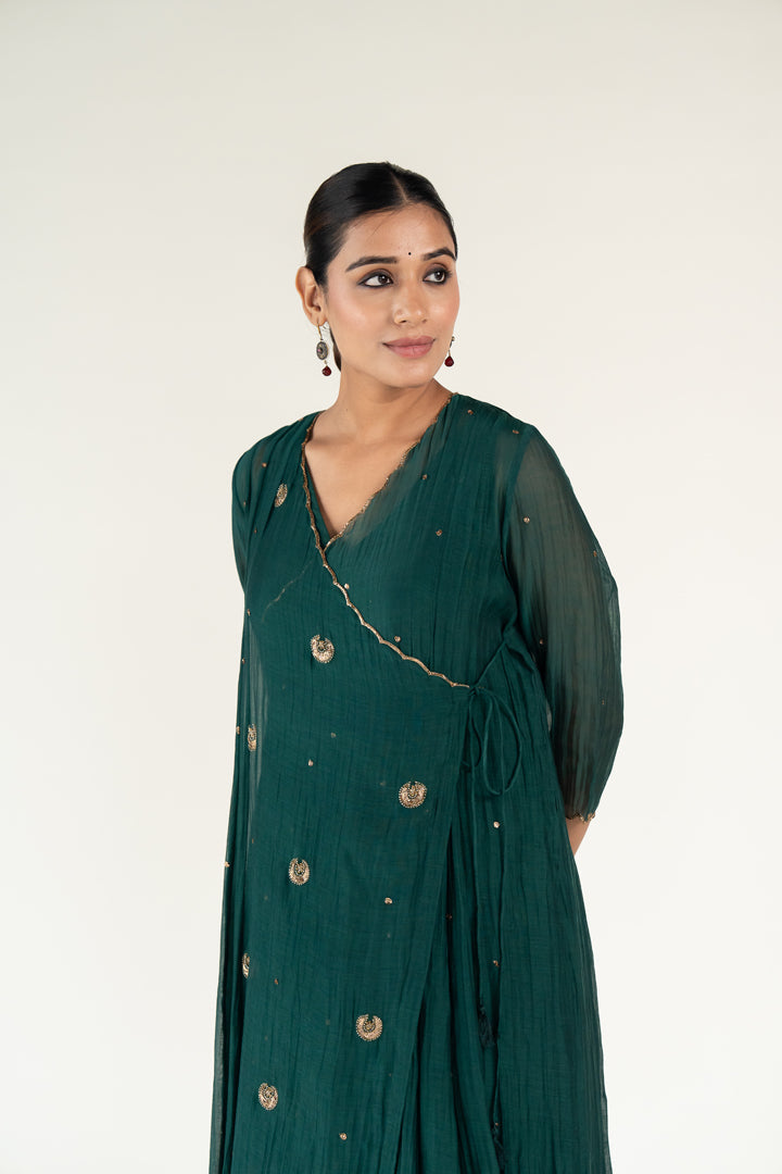 Green Angarkha Set-Emerald chanderi by Nirjara for women Worldwide