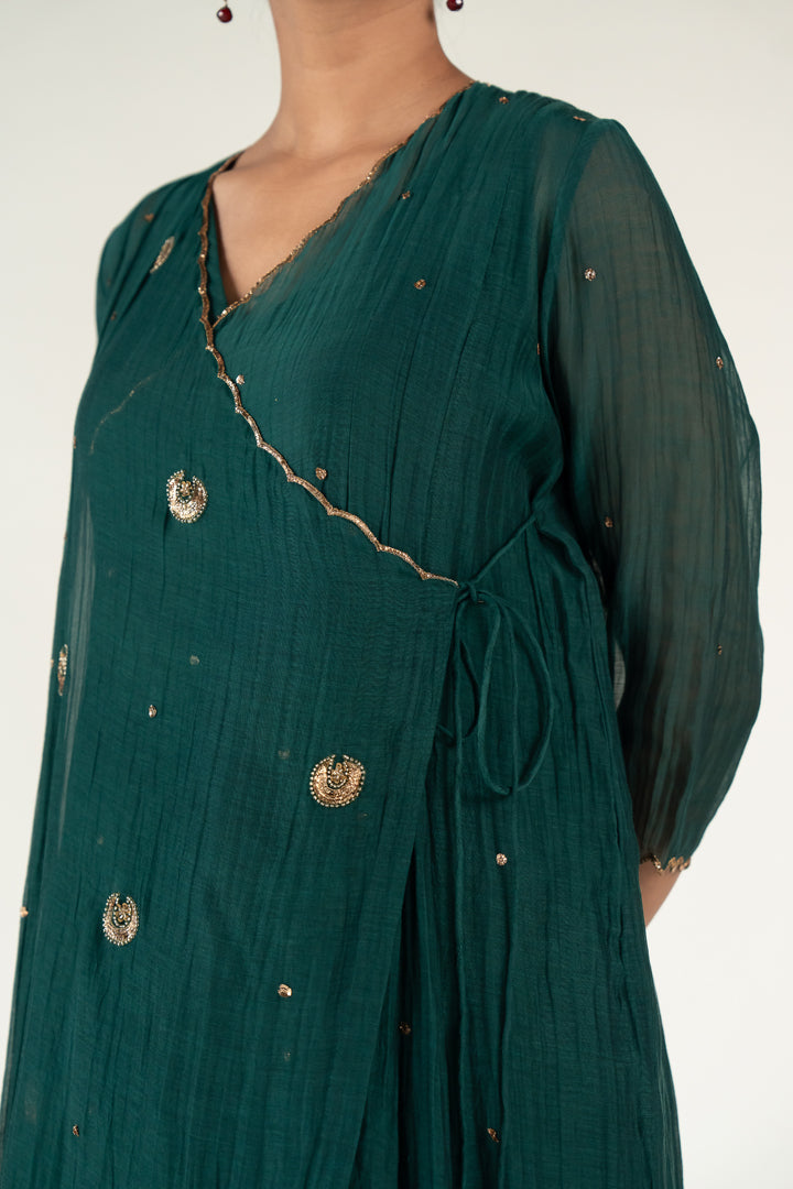 Green Angarkha Set-Emerald chanderi by Nirjara for women Worldwide