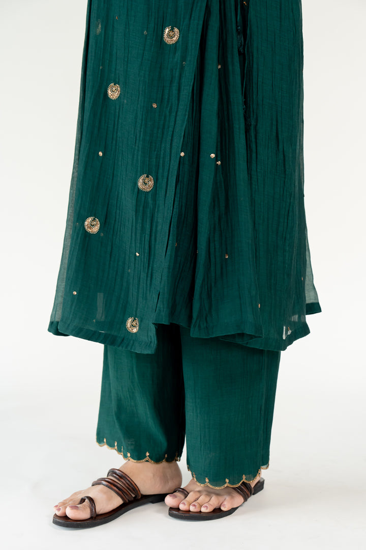 Green Angarkha Set-Emerald chanderi by Nirjara for women Worldwide