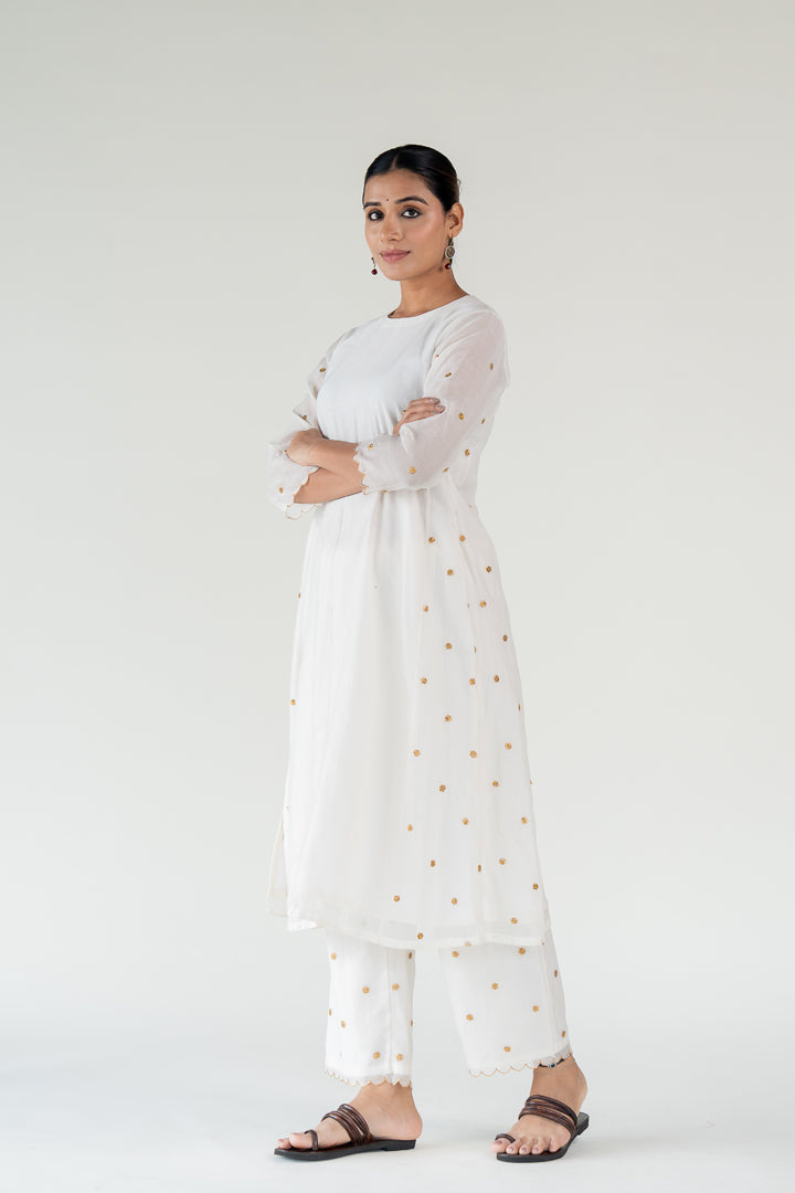 Fiza Kurta Set-Ivory chanderi by Nirjara in ivory color for women Worldwide
