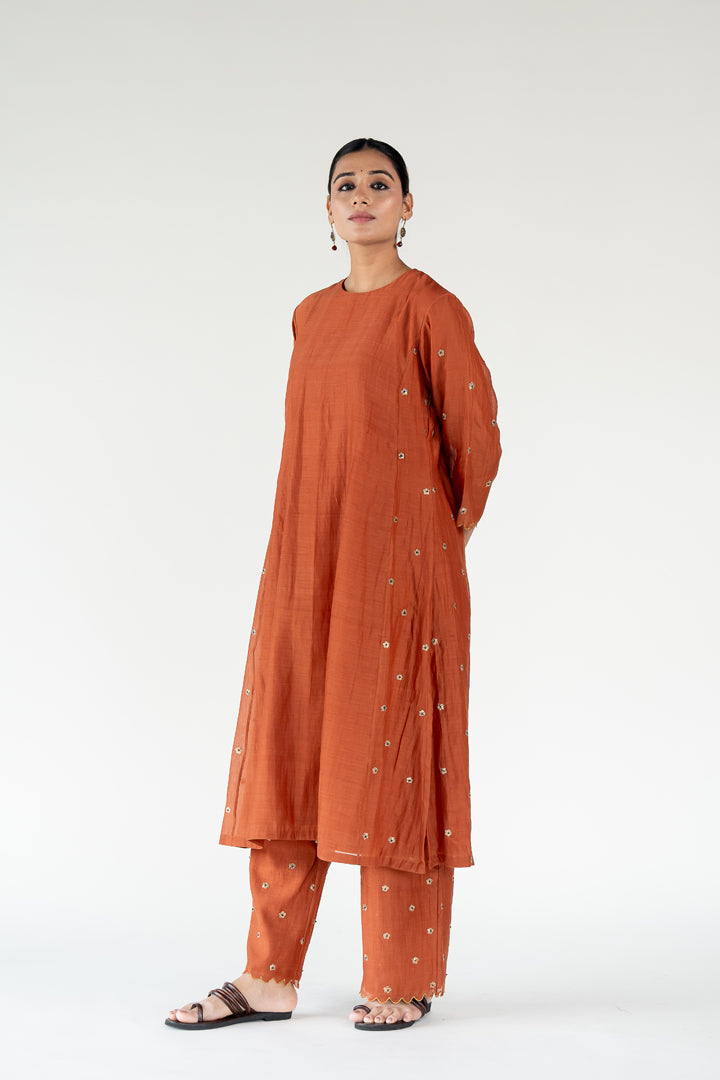 Fiza Kurta Set-Rust chanderi by Nirjara in rust color for women Worldwide