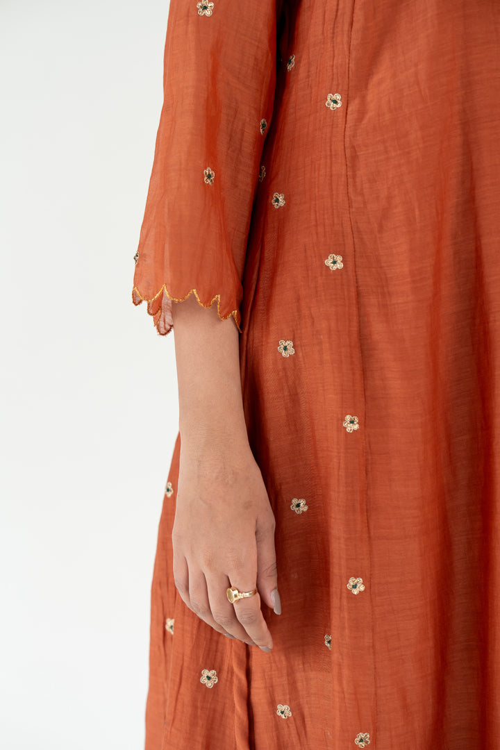 Fiza Kurta Set-Rust chanderi by Nirjara in rust color for women Worldwide